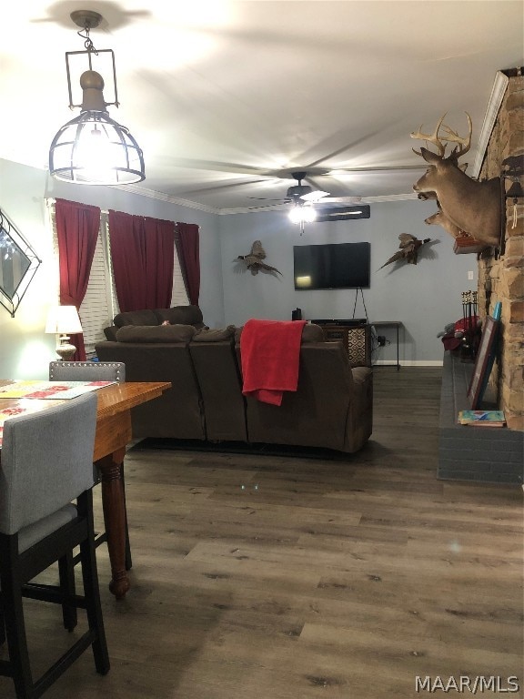 living room featuring ceiling fan and wood-type flooring