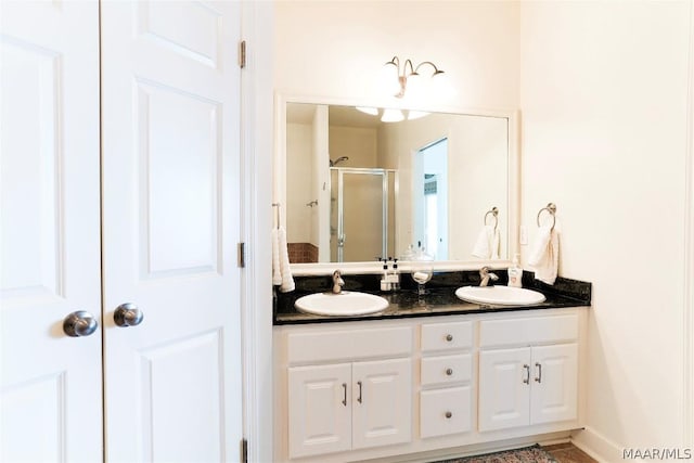 bathroom with vanity and a shower with shower door