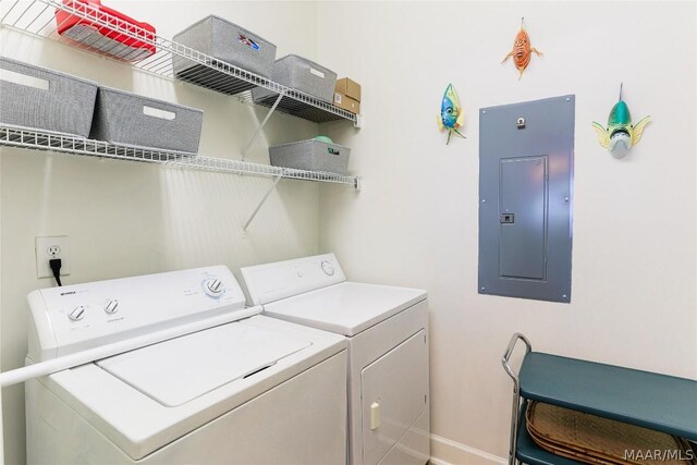 laundry room with washer and dryer and electric panel