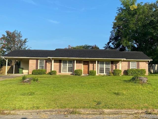 single story home featuring a front lawn and a carport