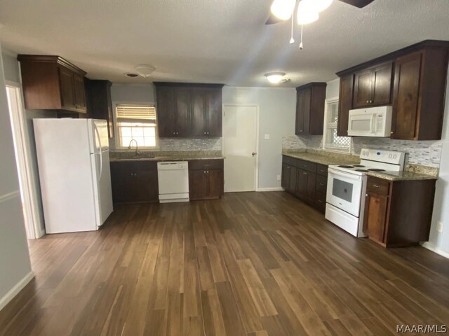 kitchen featuring backsplash, sink, white appliances, dark brown cabinetry, and dark wood-type flooring