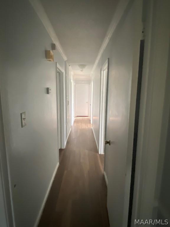 hallway featuring hardwood / wood-style floors and ornamental molding