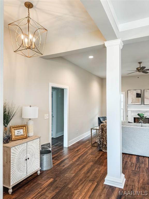 1379 Barret Park Way, Montgomery, AL 36117 - hall featuring wood finished floors, ornate columns, baseboards, recessed lighting, and a chandelier