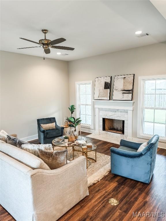 1379 Barret Park Way, Montgomery, AL 36117 - living area featuring plenty of natural light, dark wood-style flooring, a fireplace with flush hearth, a ceiling fan, and recessed lighting