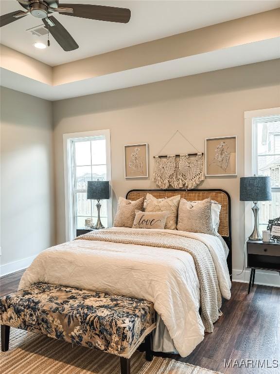 1379 Barret Park Way, Montgomery, AL 36117 - bedroom with dark wood-style floors, baseboards, ceiling fan, and recessed lighting