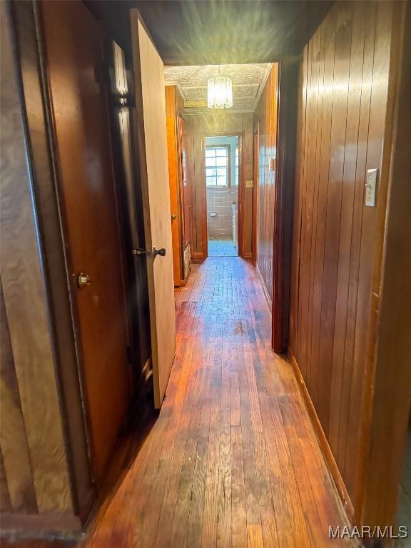 hallway featuring wood walls and hardwood / wood-style flooring