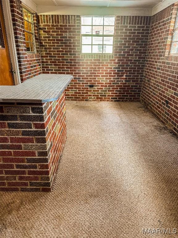 interior space featuring carpet floors and brick wall