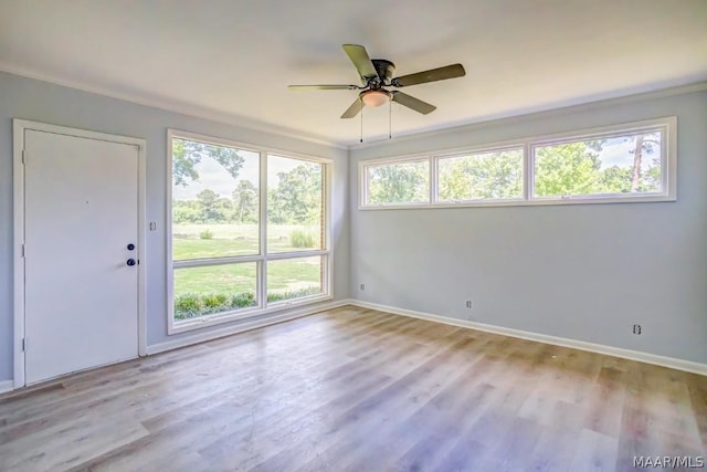 empty room with crown molding, ceiling fan, and light wood-type flooring