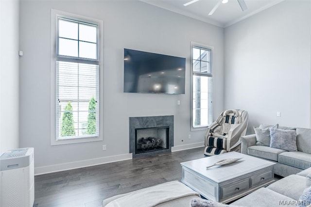 living room with a fireplace, a healthy amount of sunlight, dark hardwood / wood-style flooring, and ornamental molding