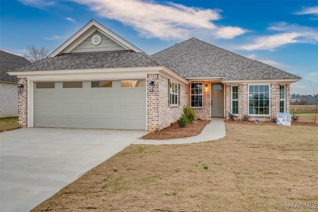 view of front of home with a garage, brick siding, a shingled roof, and driveway