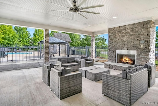 1426 Barret Park Way, Montgomery, AL 36117 - view of patio with an outdoor living space with a fireplace, a gazebo, and ceiling fan