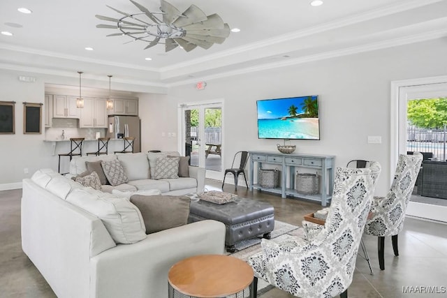 1426 Barret Park Way, Montgomery, AL 36117 - living area with crown molding, a raised ceiling, recessed lighting, a ceiling fan, and concrete floors