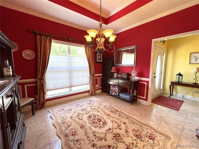 dining area with a notable chandelier, light tile patterned floors, ornamental molding, and a raised ceiling