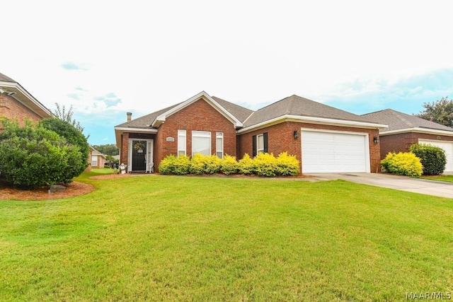 ranch-style house with a garage and a front lawn