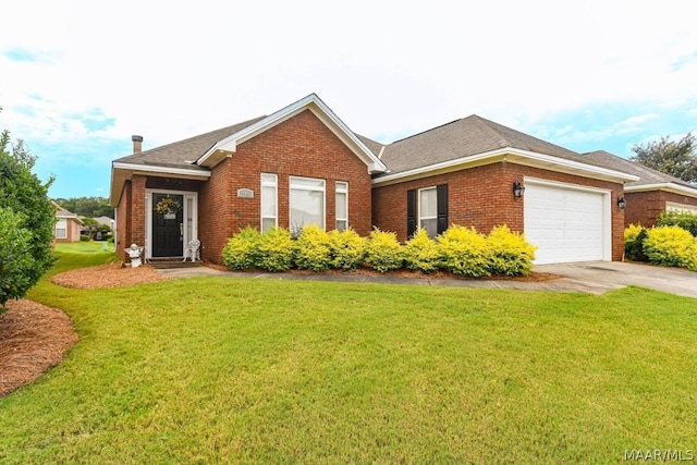 ranch-style home featuring a garage and a front yard