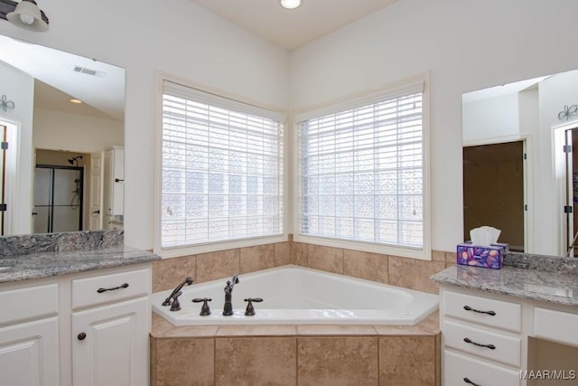 bathroom featuring vanity and independent shower and bath