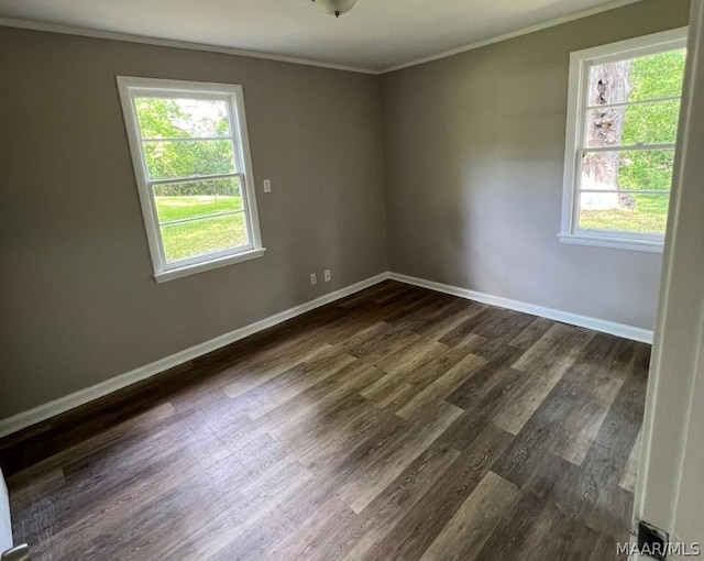 empty room with hardwood / wood-style floors and ornamental molding