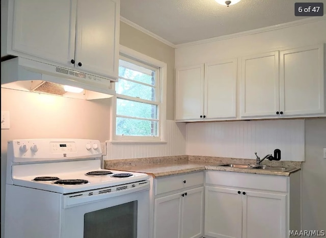 kitchen featuring sink, white range with electric cooktop, white cabinets, and crown molding