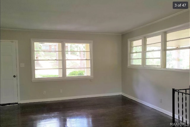 spare room with crown molding and dark hardwood / wood-style flooring