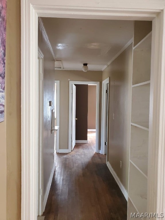 hall with crown molding and hardwood / wood-style floors