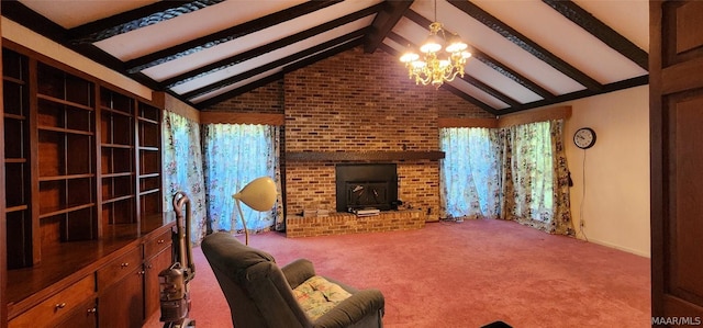 unfurnished living room featuring carpet floors, a wood stove, vaulted ceiling with beams, and an inviting chandelier