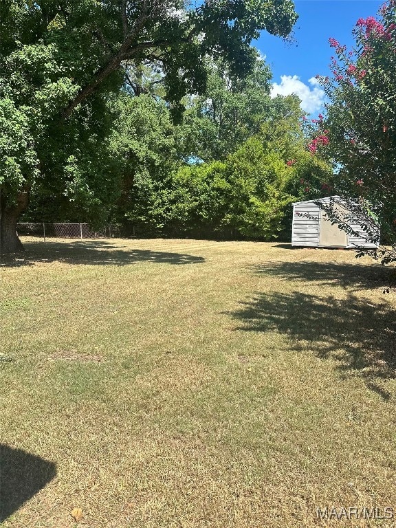 view of yard featuring a storage unit