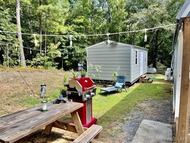 view of yard with a storage shed