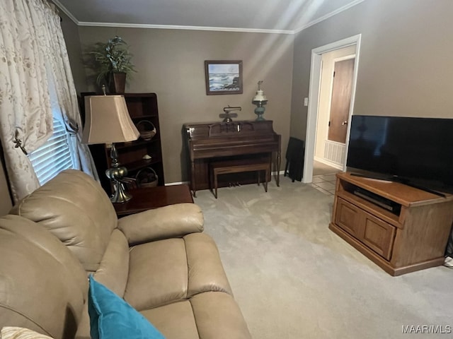 living room featuring crown molding and light carpet