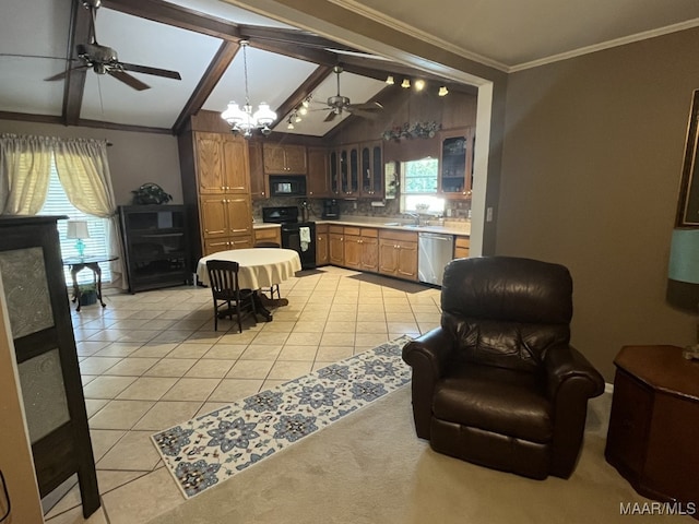 interior space featuring stainless steel dishwasher, vaulted ceiling with beams, ornamental molding, stove, and backsplash