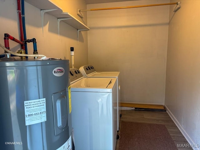 laundry room featuring dark hardwood / wood-style floors, electric water heater, and separate washer and dryer