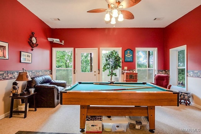 recreation room featuring pool table, plenty of natural light, light colored carpet, and ceiling fan