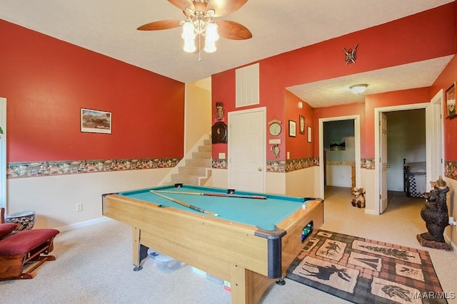 game room with ceiling fan, billiards, and carpet flooring