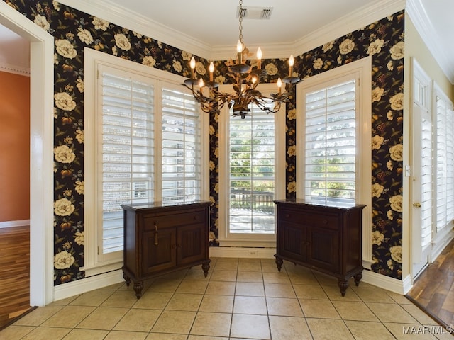 interior space featuring light tile patterned floors, crown molding, visible vents, a chandelier, and baseboards