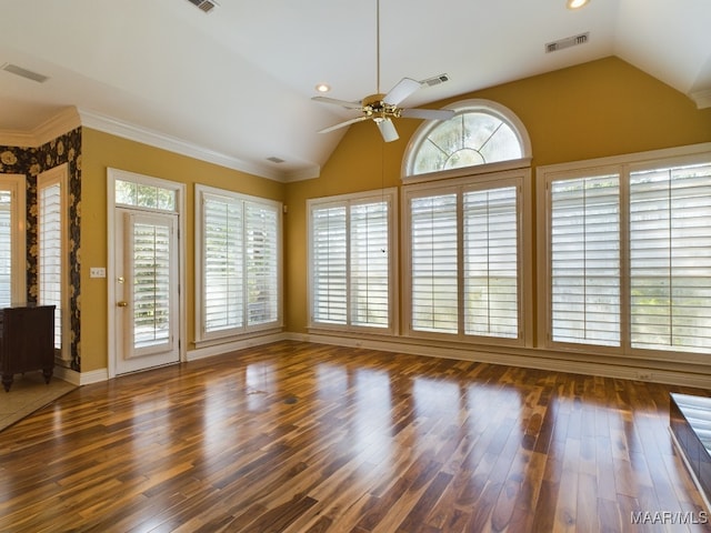 unfurnished living room with high vaulted ceiling, crown molding, ceiling fan, and wood-type flooring