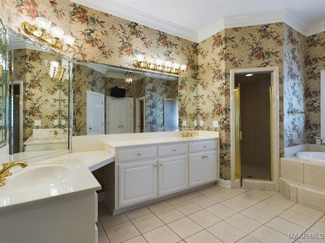 bathroom with ornamental molding, vanity, separate shower and tub, and tile patterned flooring