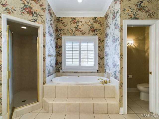 bathroom featuring independent shower and bath, toilet, tile patterned floors, and crown molding