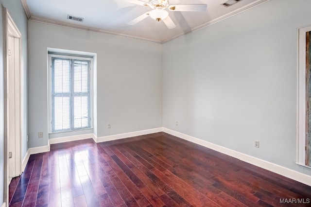 empty room featuring ornamental molding, wood-type flooring, and ceiling fan