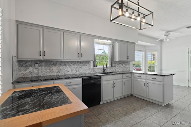 kitchen featuring sink, light tile patterned flooring, dishwasher, and backsplash