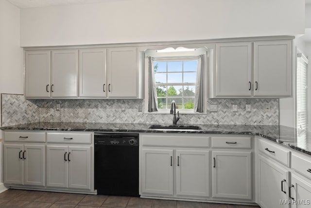 kitchen featuring sink, dishwasher, tile patterned flooring, and backsplash