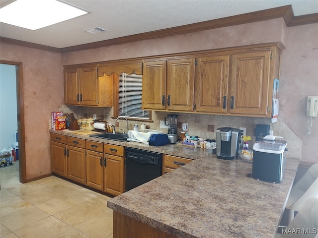 kitchen featuring black dishwasher, light tile patterned flooring, tasteful backsplash, and sink