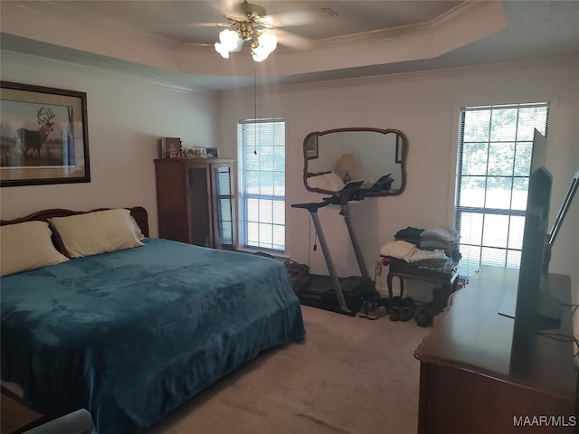 carpeted bedroom with ceiling fan, a tray ceiling, and ornamental molding