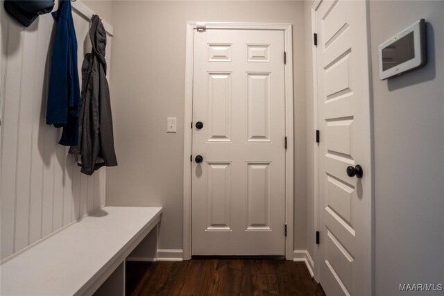 mudroom featuring dark wood-type flooring