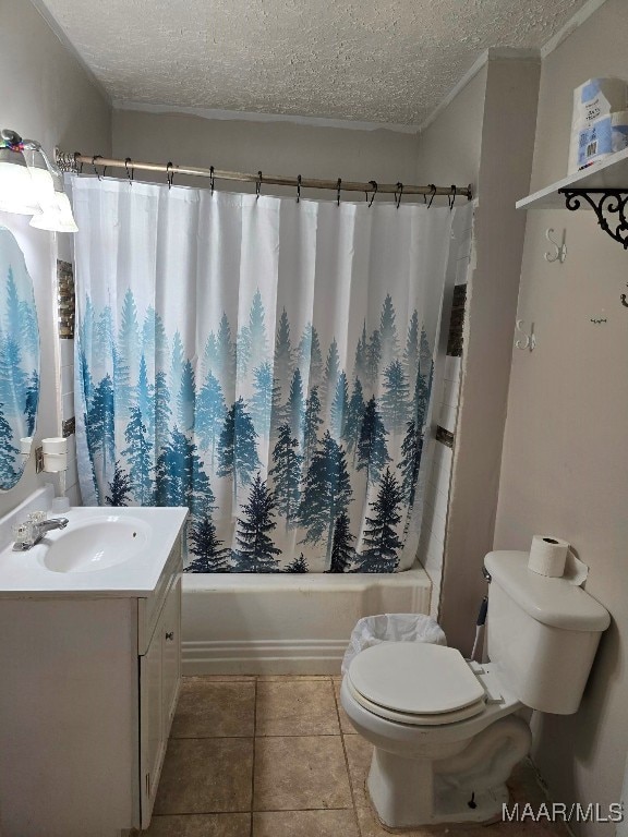 full bathroom featuring shower / tub combo, a textured ceiling, toilet, tile patterned floors, and vanity