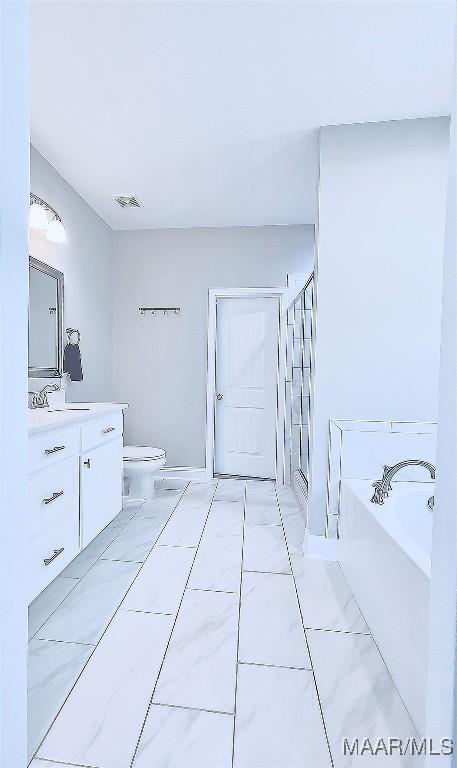 bathroom featuring vanity, toilet, and a bathing tub