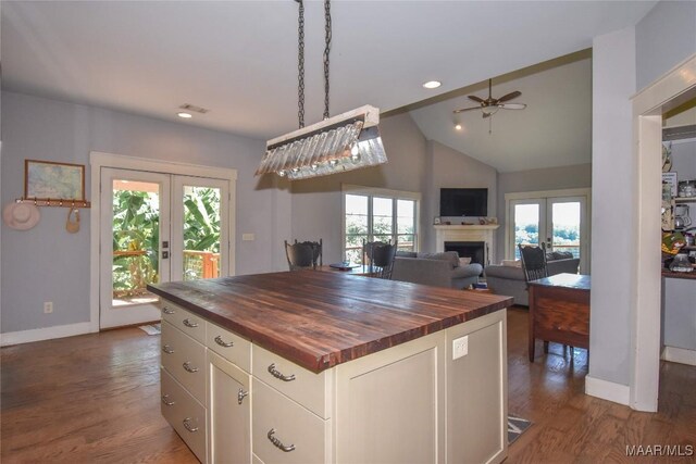 1086 Riverknolle Rd, Tallassee, AL 36078 - kitchen featuring a ceiling fan, french doors, butcher block countertops, and baseboards