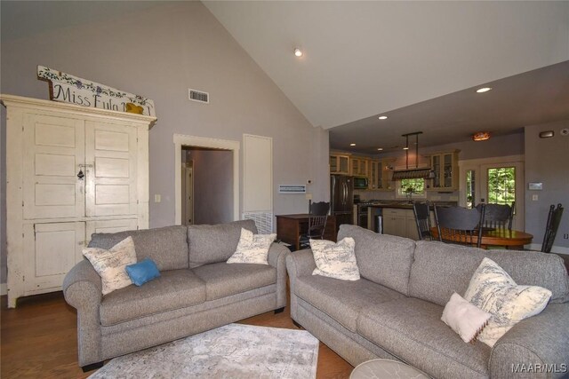 1086 Riverknolle Rd, Tallassee, AL 36078 - living room featuring recessed lighting, high vaulted ceiling, visible vents, and dark wood-type flooring
