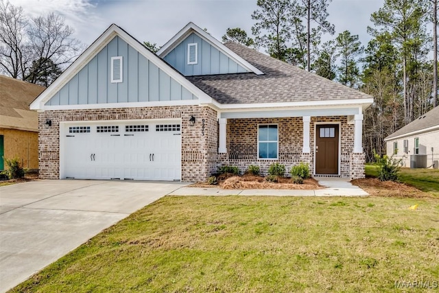 craftsman house with a garage, concrete driveway, board and batten siding, and brick siding