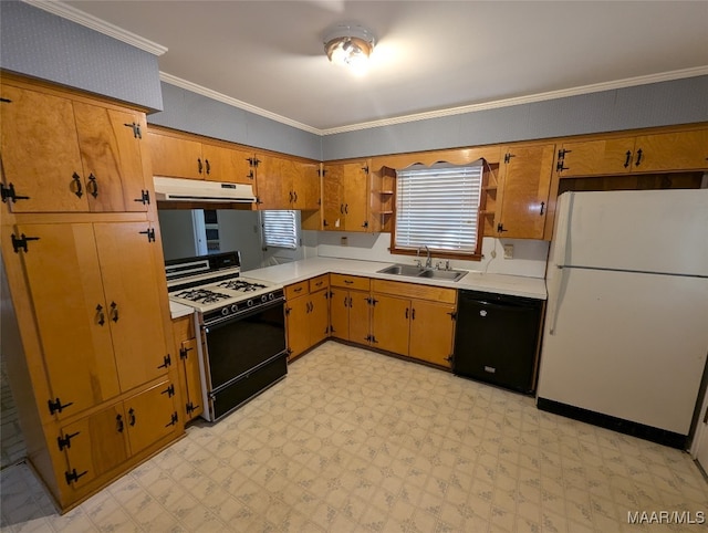 kitchen featuring white appliances, sink, light tile patterned floors, and crown molding