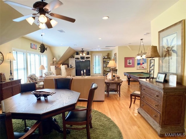 dining room with light wood-type flooring, recessed lighting, visible vents, a ceiling fan, and billiards