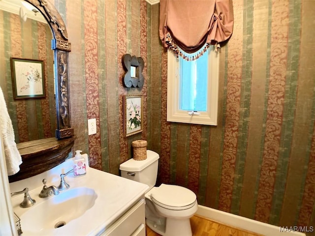 bathroom with toilet, vanity, baseboards, and wood finished floors